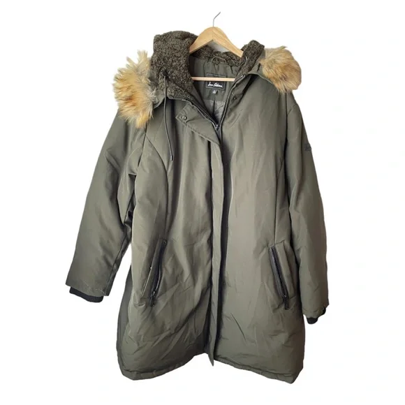 Sam Edelman Down Faux Fur Trim Hooded Jacket Olive Green Small